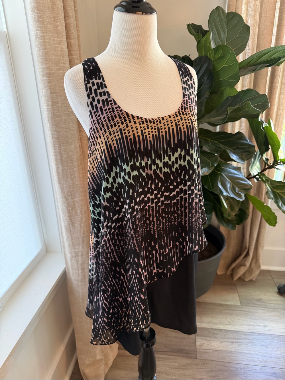 silence + noise Abstract Printed Layered Midi Dress in Black and Peach